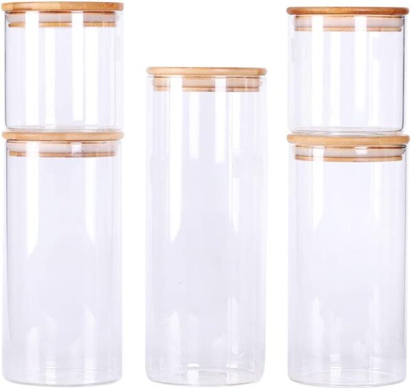 LEAVES AND TREES Y Stackable Kitchen Canisters Set, Pack of 5 Clear Glass Food Storage Jars Containers - Image 6