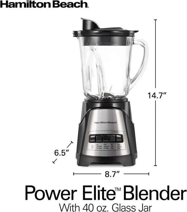 Hamilton Beach Power Elite Wave Action Blender-for Shakes and Smoothies, Puree, Crush Ice, 40 Oz Glass Jar - Image 2