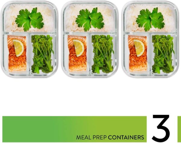PrepNaturals Glass Meal Prep Containers 3 Compartment - Bento Box Containers Glass Food Storage Containers with Lids - Image 2