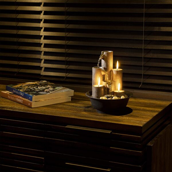 Alpine Corporation Tiered Column Tabletop Fountain with 3 Candles, Mini Waterfall for Indoor Spaces - Image 3