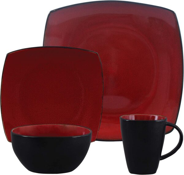 Gibson Soho Lounge 16-Piece Square Reactive Glaze Dinnerware Set, Red - Image 2