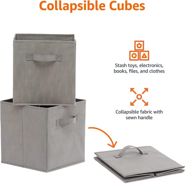 Basics Collapsible Fabric Storage Cubes Organizer with Handles, 10.5"x10.5"x11", Grey - Pack of 6 - Image 2