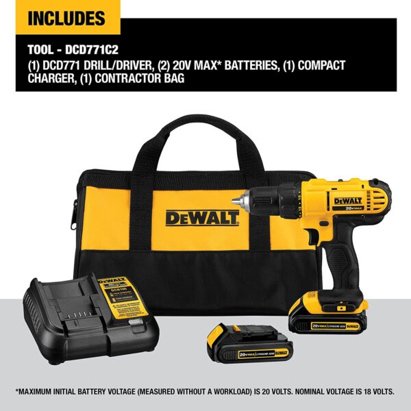 DEWALT 20V Max Cordless Drill / Driver Kit, Compact, 1/2-Inch (DCD771C2), Yellow - Image 4