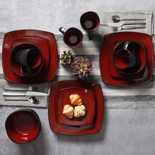 Gibson Soho Lounge 16-Piece Square Reactive Glaze Dinnerware Set, Red - Image 4