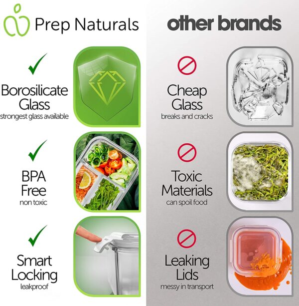 PrepNaturals Glass Meal Prep Containers 3 Compartment - Bento Box Containers Glass Food Storage Containers with Lids - Image 4