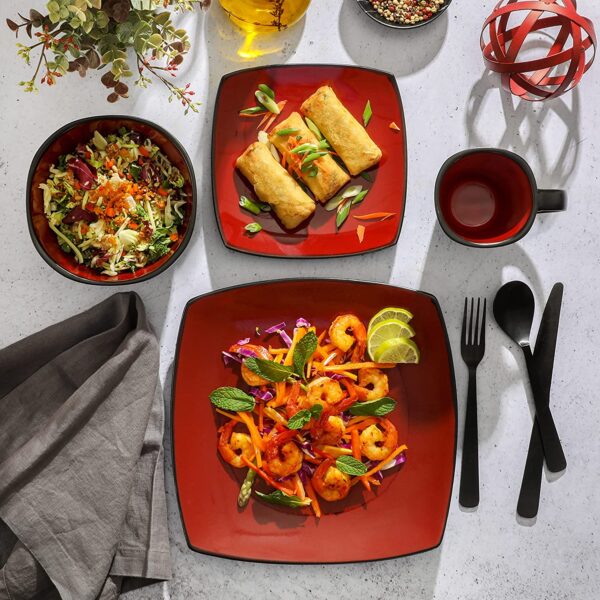 Gibson Soho Lounge 16-Piece Square Reactive Glaze Dinnerware Set, Red - Image 6