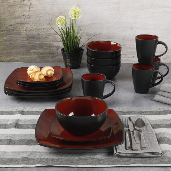 Gibson Soho Lounge 16-Piece Square Reactive Glaze Dinnerware Set, Red - Image 7