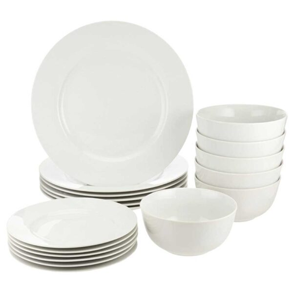 Basics 18-Piece Kitchen Dinnerware Set, Plates, Dishes, Bowls, Service for 6 - White