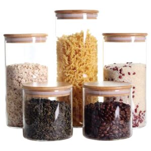LEAVES AND TREES Y Stackable Kitchen Canisters Set, Pack of 5 Clear Glass Food Storage Jars Containers
