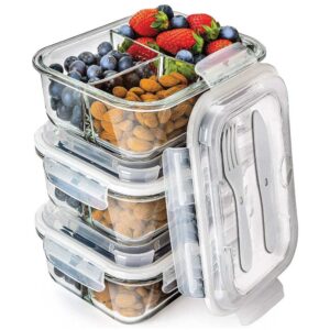 PrepNaturals Glass Meal Prep Containers 3 Compartment - Bento Box Containers Glass Food Storage Containers with Lids